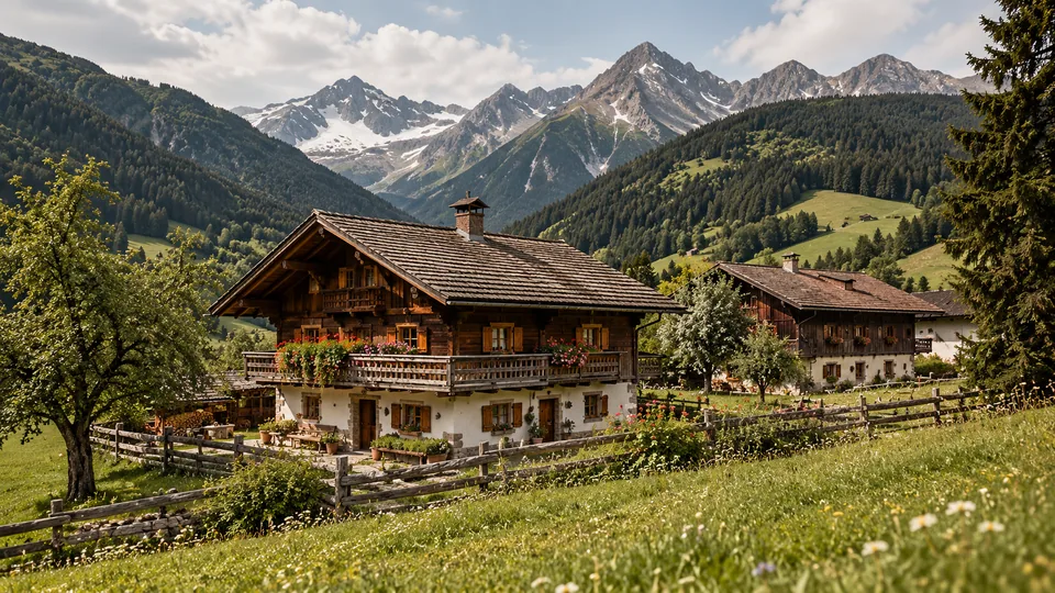 Alpines Bauernhaus vor einer Bergkulisse. Stimmungsbild.